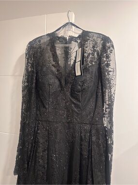 Embellished Black Lace Long-Sleeve Evening Dress